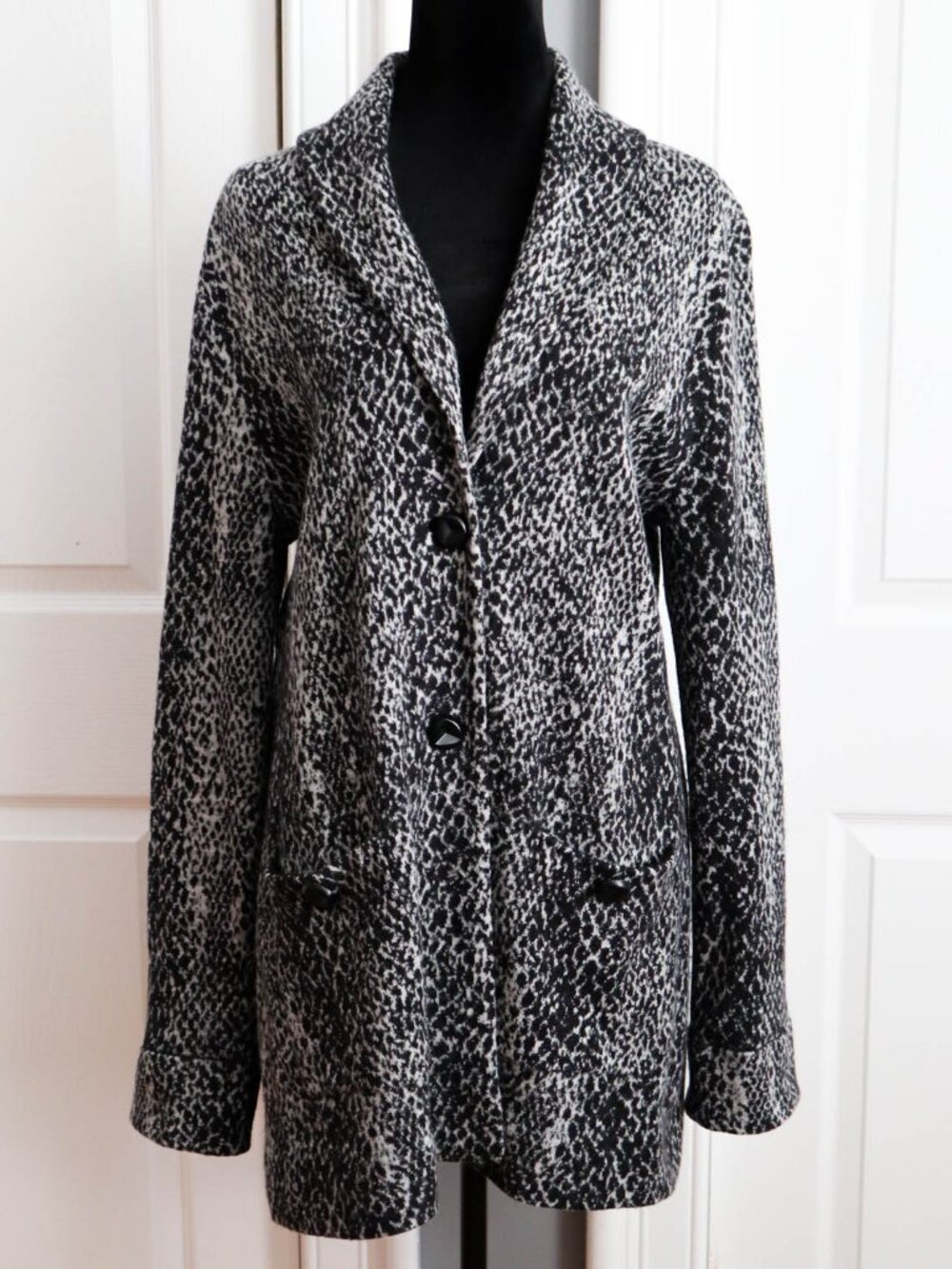 Damask Merino Wool & Cotton Long Cardigan Sweater Black & Gray Animal Print XL